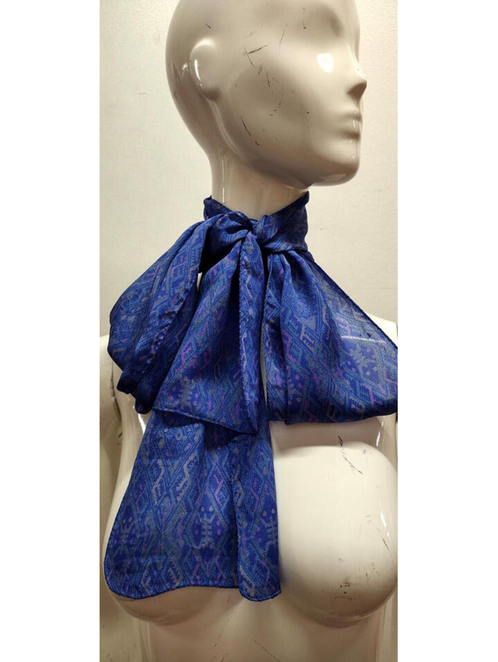 Vintage 1990s Abstract Pure Silk Very Long Scarf Cobalt Blue Blues Diamond Chic